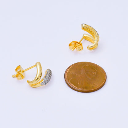 24K Gold Filled Micro Paved CZ Mixed Metal Claw C-Shaped Hoop Earrings | AJ129