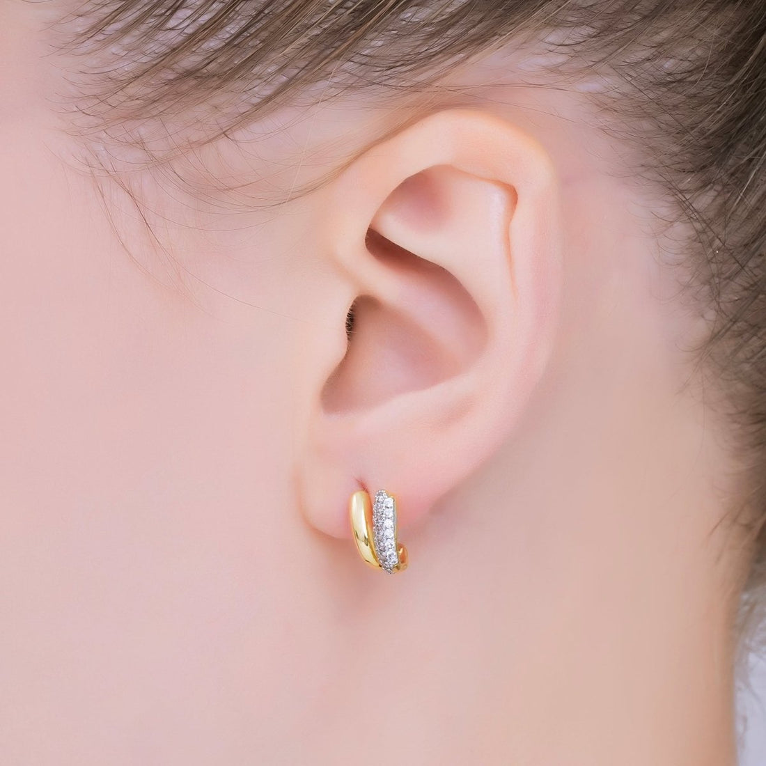 24K Gold Filled Micro Paved CZ Mixed Metal Claw C-Shaped Hoop Earrings | AJ129