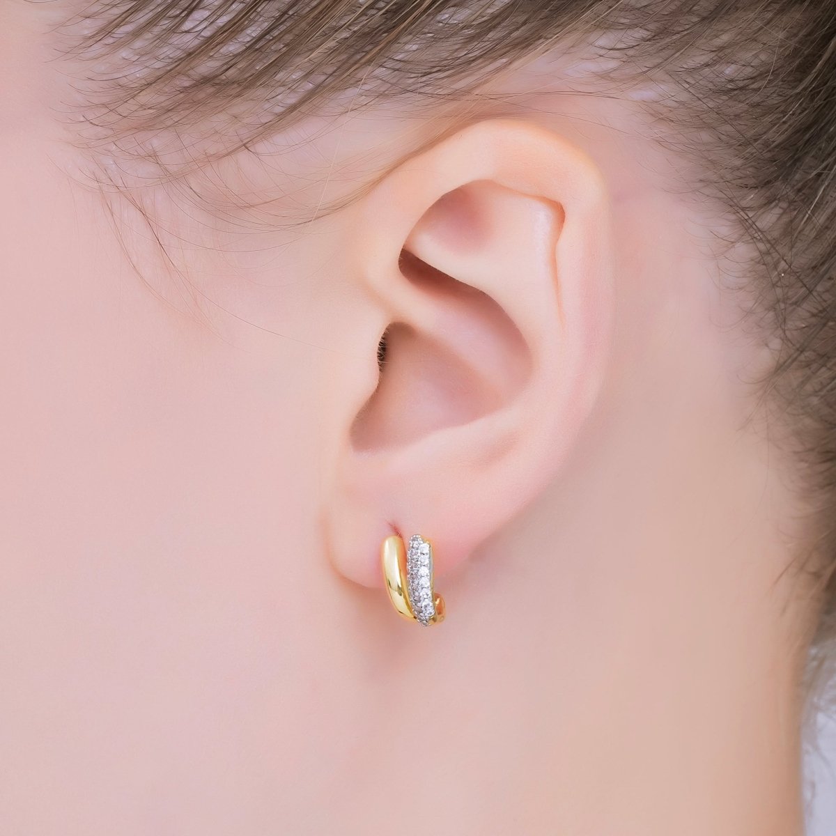 24K Gold Filled Micro Paved CZ Mixed Metal Claw C-Shaped Hoop Earrings | AJ129