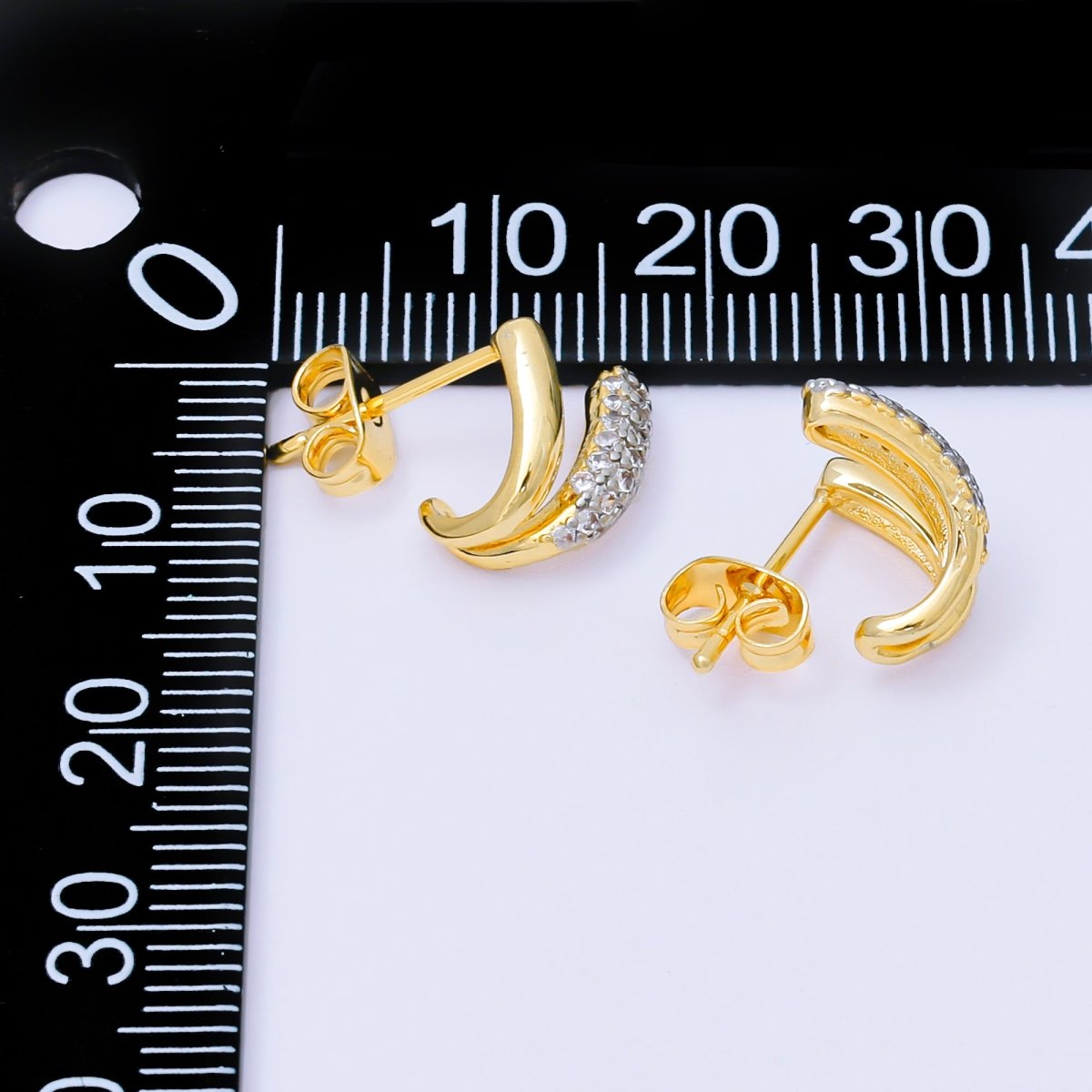 24K Gold Filled Micro Paved CZ Mixed Metal Claw C-Shaped Hoop Earrings | AJ129