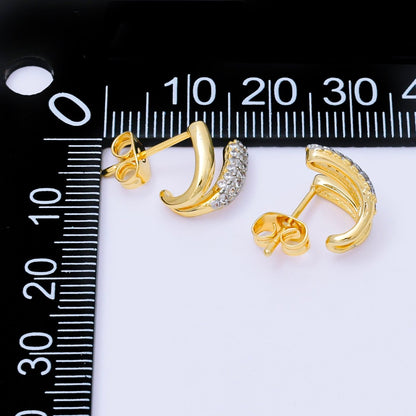 24K Gold Filled Micro Paved CZ Mixed Metal Claw C-Shaped Hoop Earrings | AJ129