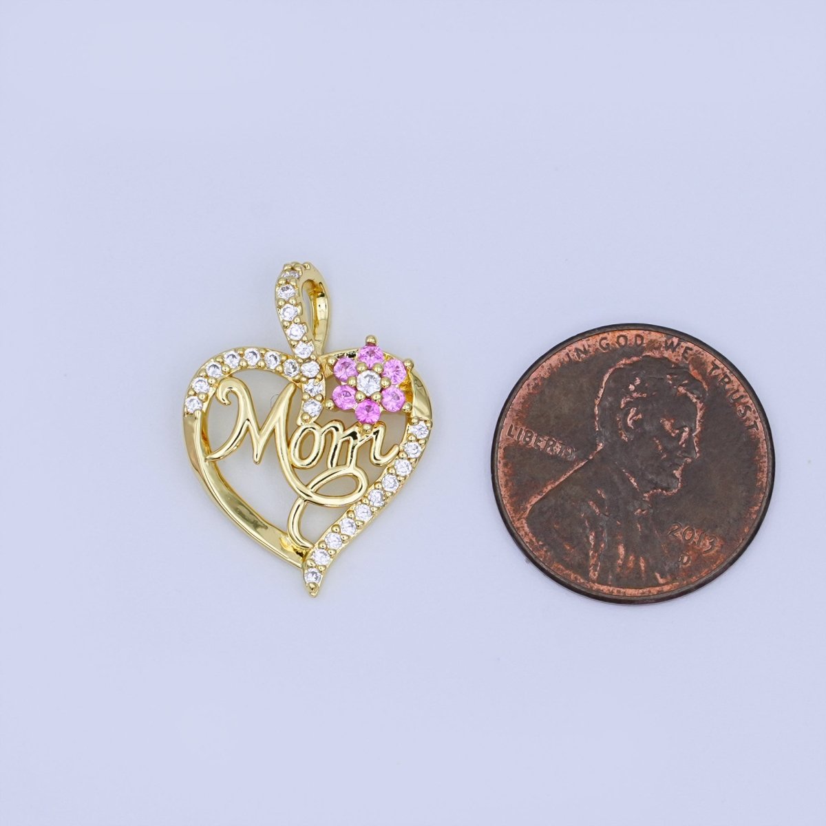 24K Gold Filled 22.5mm "MOM" Micro Paved CZ Flower Heart Open Pendant | AH430