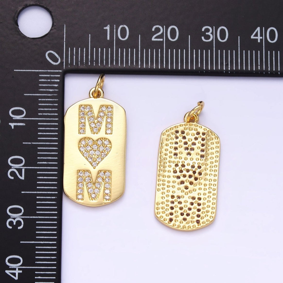 24K Gold Filled Micro Paved CZ "MOM" Oblong Tag Charm | AJ287