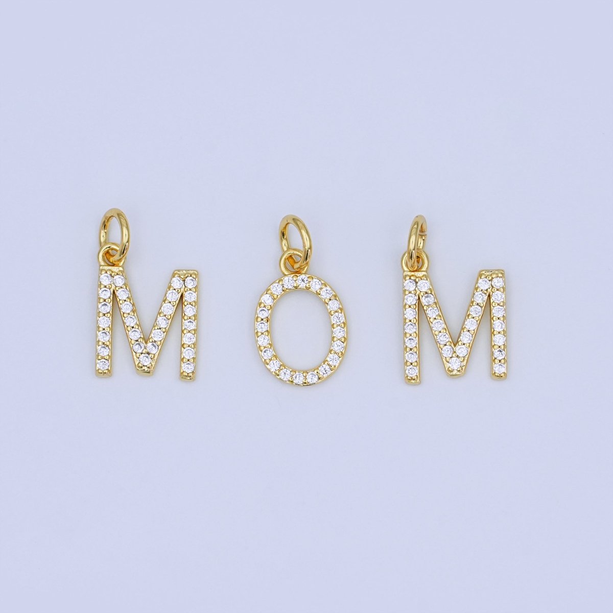 24K Gold Filled Micro Paved CZ "MOM" Script Charm Set | N045