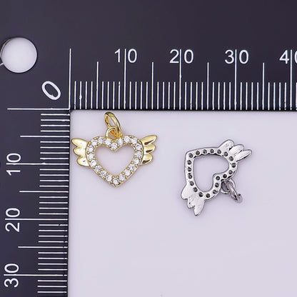 24K Gold Filled Micro Paved CZ Open Heart Wings Mini Charm in Gold &amp; Silver | AJ298