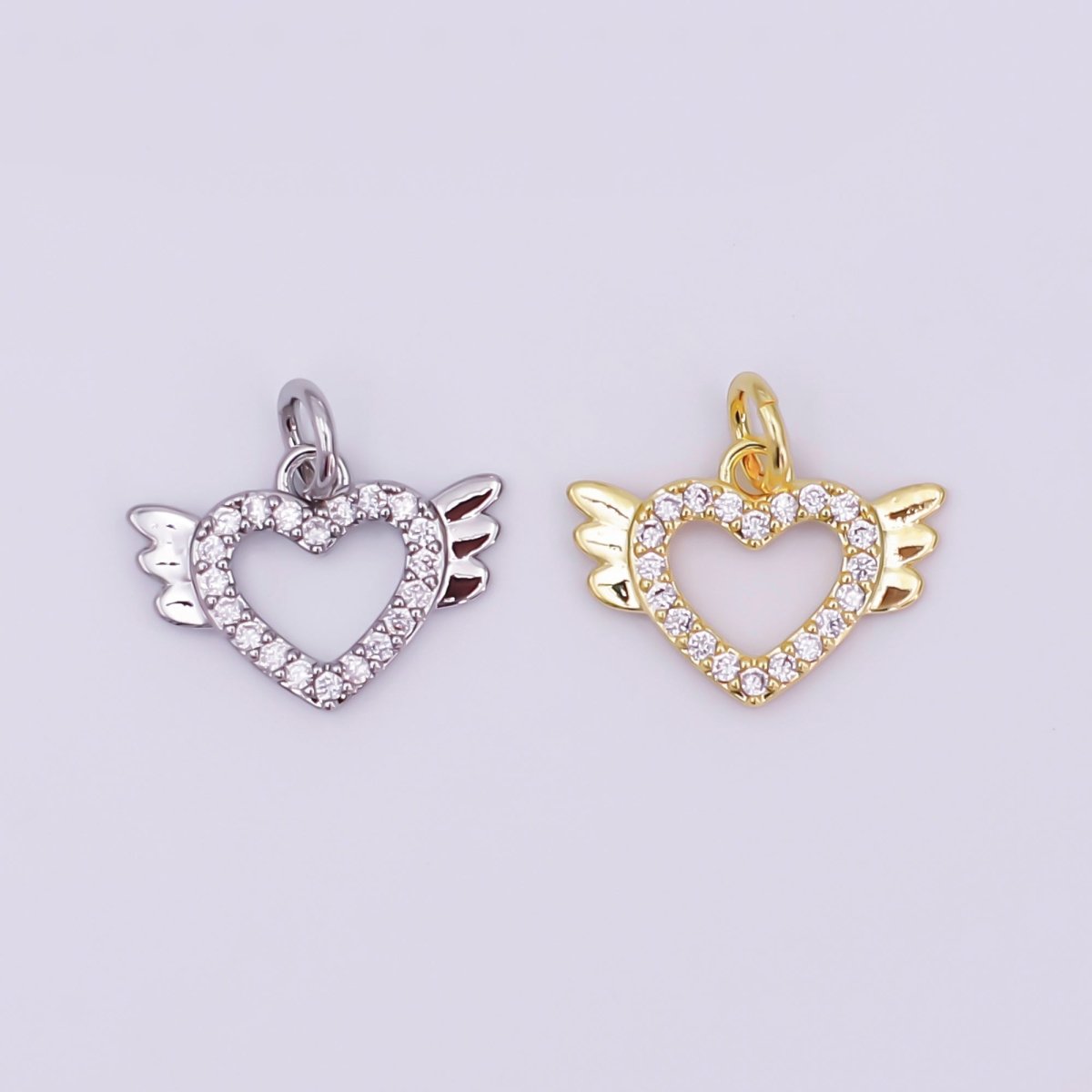 24K Gold Filled Micro Paved CZ Open Heart Wings Mini Charm in Gold &amp; Silver | AJ298