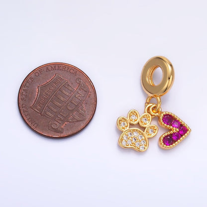 24K Gold Filled Micro Paved CZ Pink Heart Clear Pawprint Rhondelle Drop Pendant | W330
