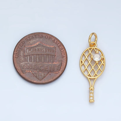24K Gold Filled 22mm CZ Racket Badminton Tennis Sport Open Charm in Gold &amp; Silver | D792