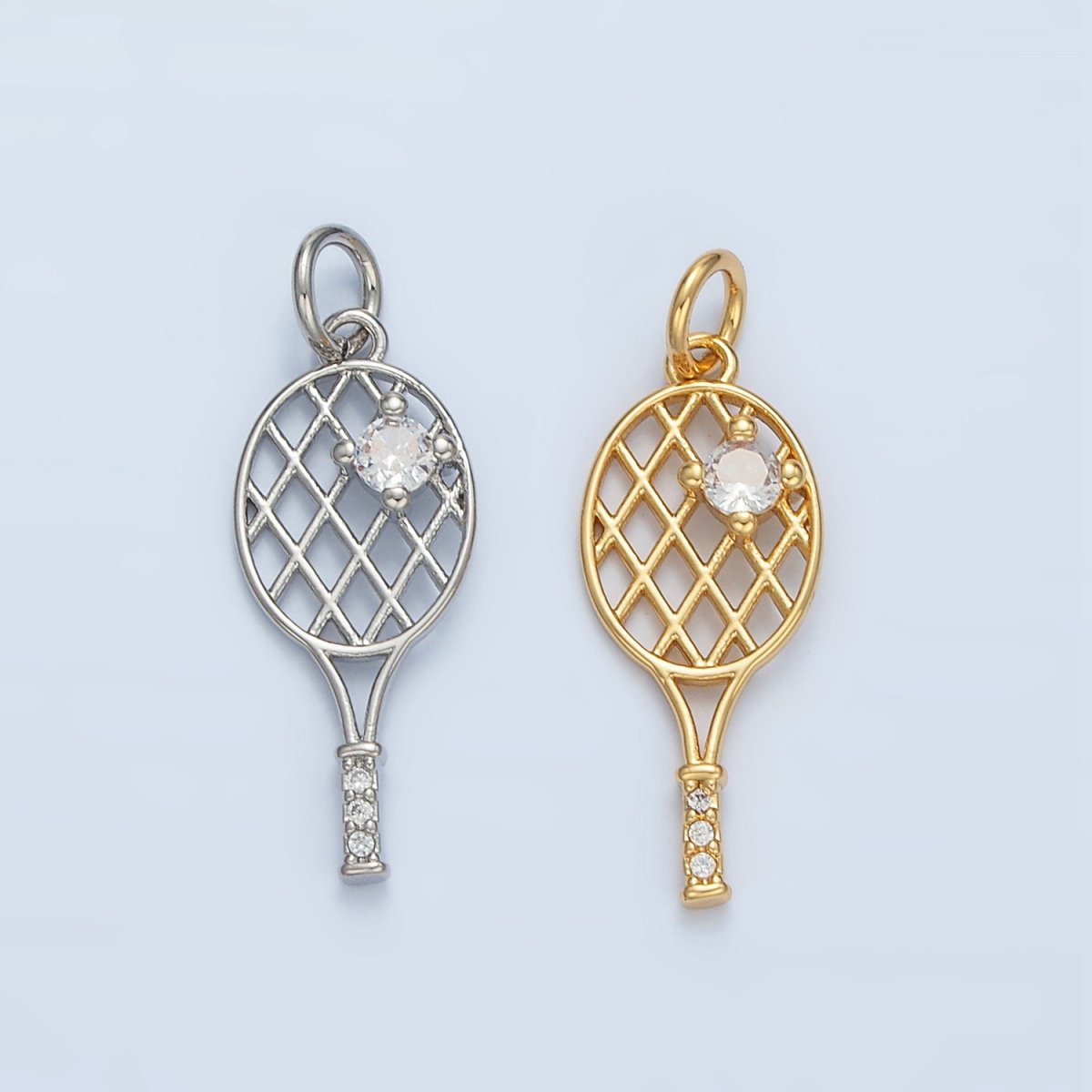24K Gold Filled 22mm CZ Racket Badminton Tennis Sport Open Charm in Gold &amp; Silver | D792