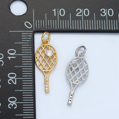 24K Gold Filled 22mm CZ Racket Badminton Tennis Sport Open Charm in Gold &amp; Silver | D792