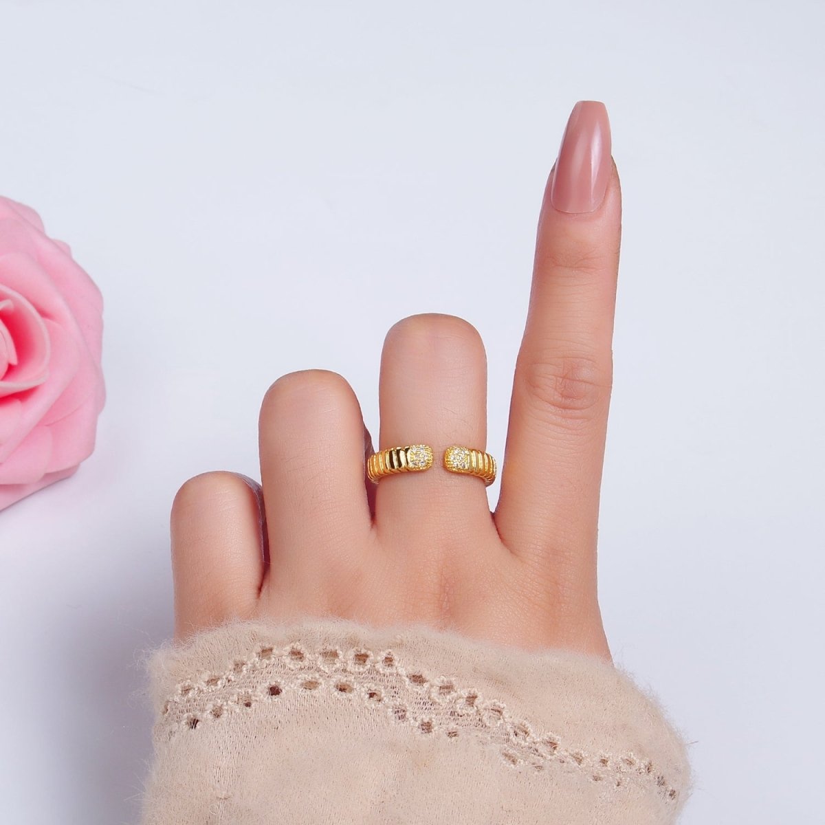 24K Gold Filled Micro Paved CZ Ribbed Claw Ring in Gold &amp; Silver | O482 O483