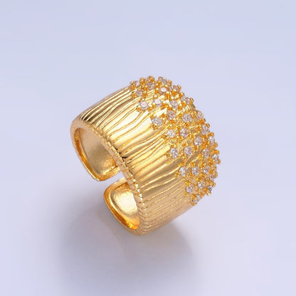 24K Gold Filled Micro Paved CZ Ribbed Cuff Ring | U424