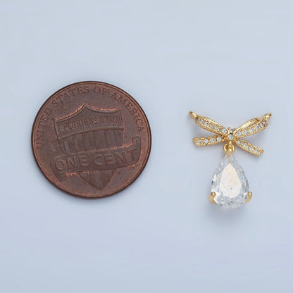 24K Gold Filled Micro Paved CZ Ribbon Bow Teardrop CZ Drop Connector | F239