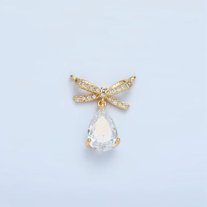 24K Gold Filled Micro Paved CZ Ribbon Bow Teardrop CZ Drop Connector | F239