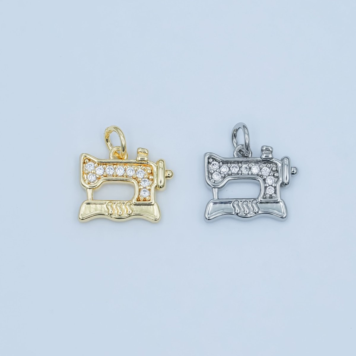 24K Gold Filled Micro Paved CZ Sewing Machine Charm in Gold &amp; Silver | E500