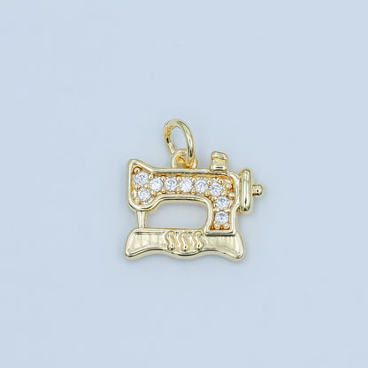 24K Gold Filled Micro Paved CZ Sewing Machine Charm in Gold &amp; Silver | E500