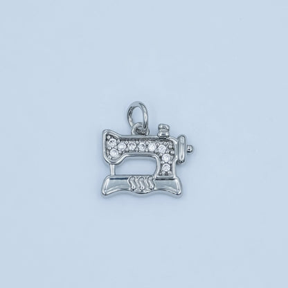 24K Gold Filled Micro Paved CZ Sewing Machine Charm in Gold &amp; Silver | E500
