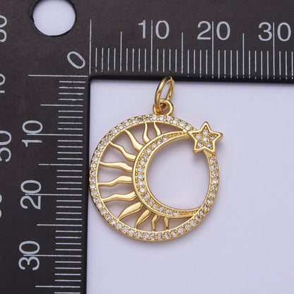 24K Gold Filled Micro Paved CZ Sun Star Crescent Moon Celestial Open Charm | AC367