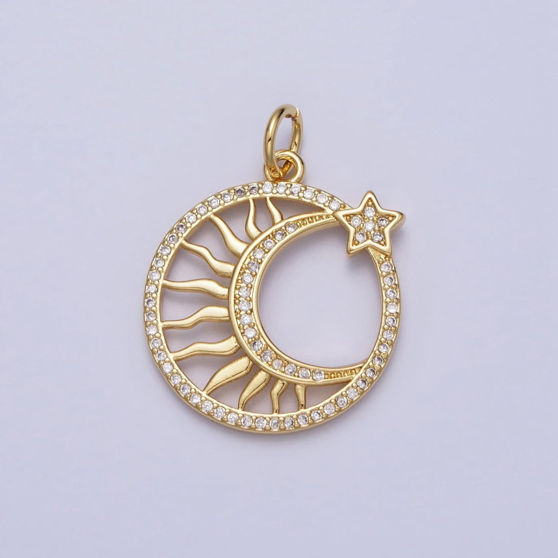 24K Gold Filled Micro Paved CZ Sun Star Crescent Moon Celestial Open Charm | AC367