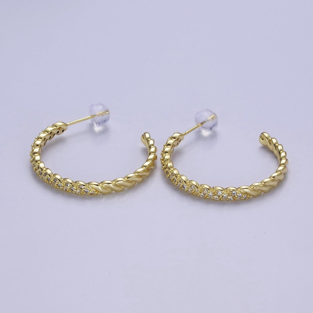 24K Gold Filled Micro Paved CZ Twisted 16mm, 24mm, 30mm C Shaped Stud Hoops Earrings | V-173-V-175
