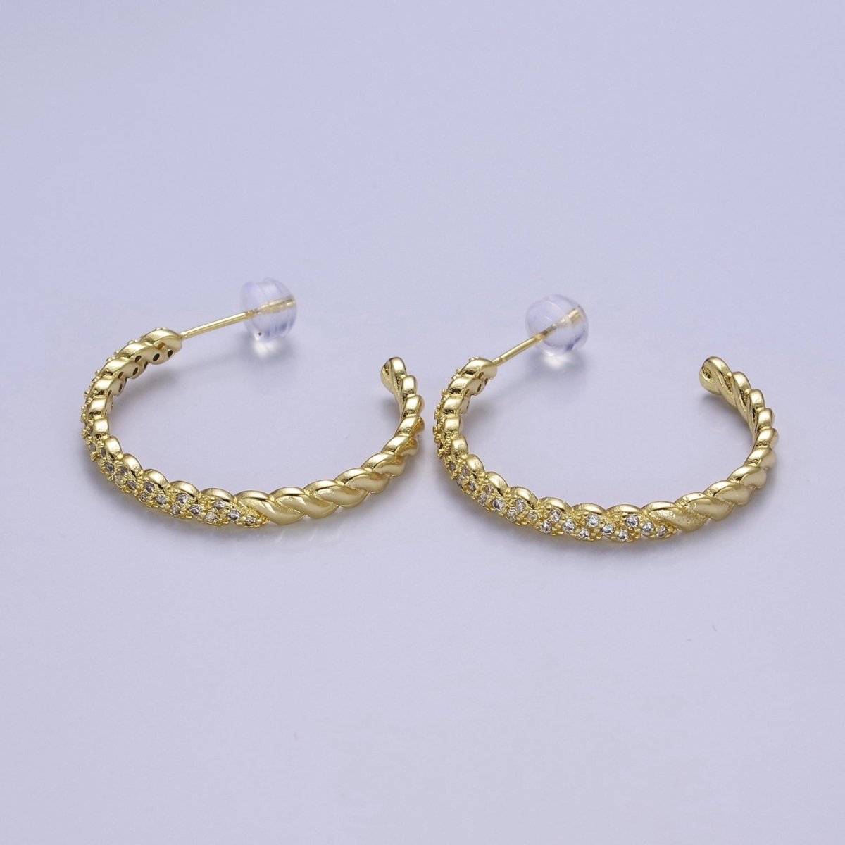 24K Gold Filled Micro Paved CZ Twisted 16mm, 24mm, 30mm C Shaped Stud Hoops Earrings | V-173-V-175