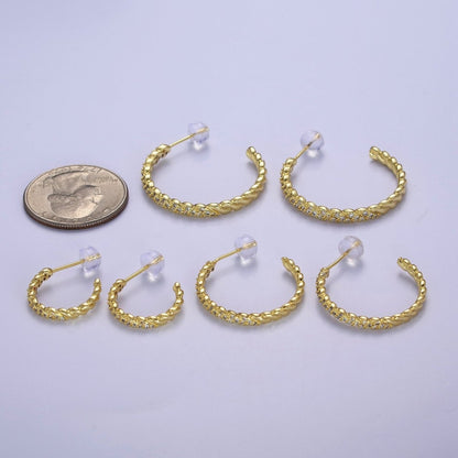24K Gold Filled Micro Paved CZ Twisted 16mm, 24mm, 30mm C Shaped Stud Hoops Earrings | V-173-V-175