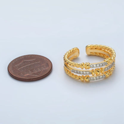 24K Gold Filled Micro Paved CZ Twisted Rope Triple Band Ring | O1400