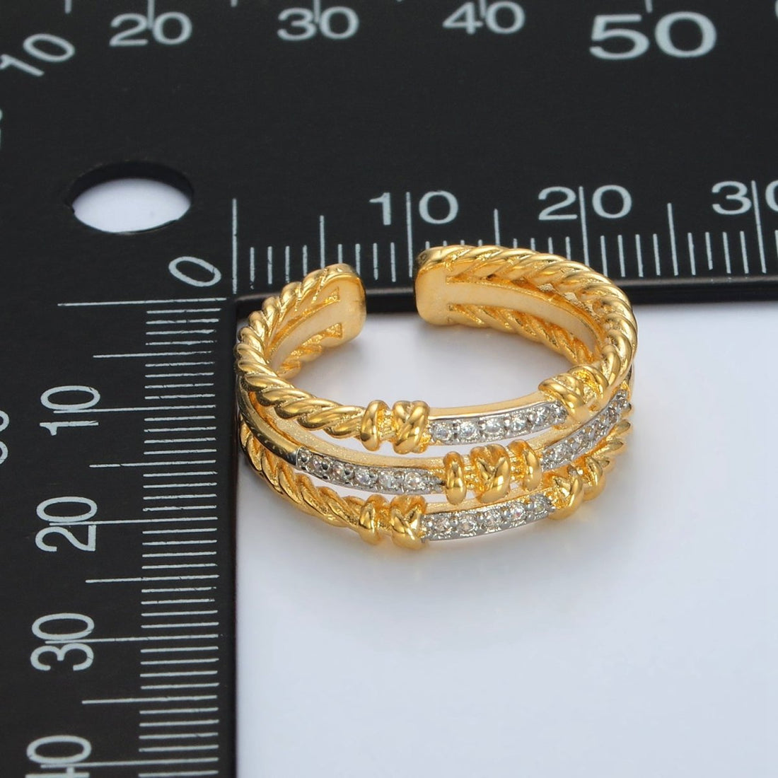 24K Gold Filled Micro Paved CZ Twisted Rope Triple Band Ring | O1400