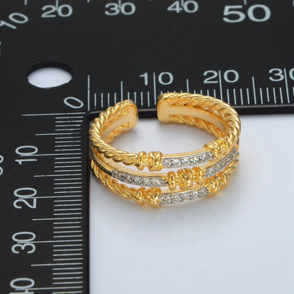 24K Gold Filled Micro Paved CZ Twisted Rope Triple Band Ring | O1400