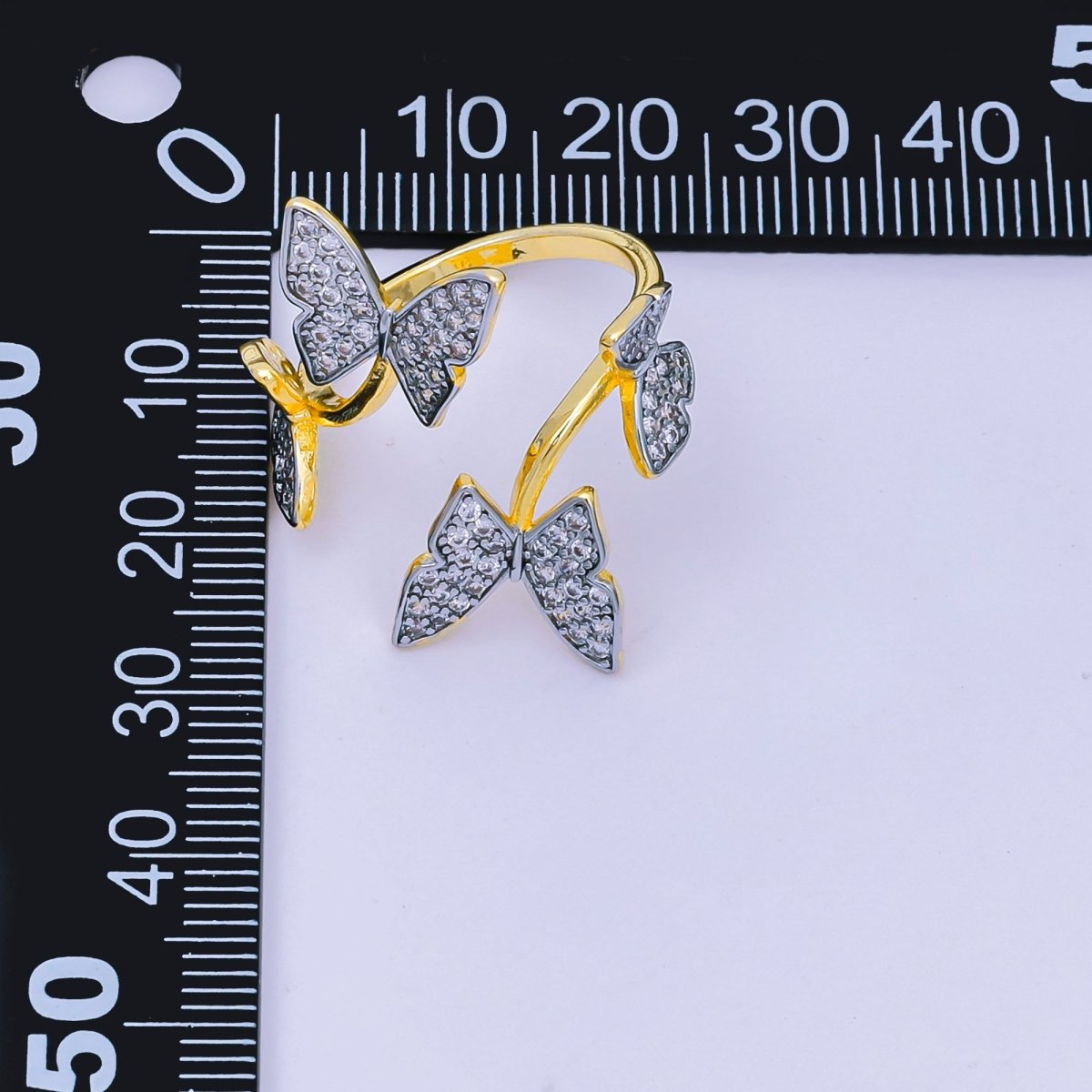 24K Gold Filled Micro Paved CZ Two-Tone Butterfly Garden Adjustable Ring | O-1488