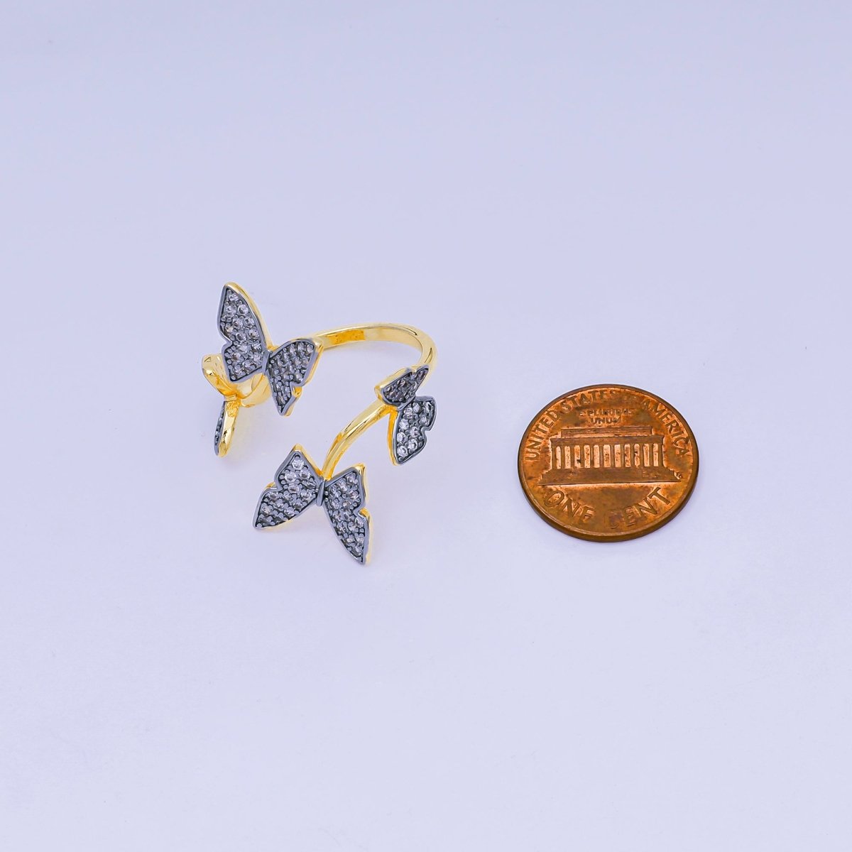 24K Gold Filled Micro Paved CZ Two-Tone Butterfly Garden Adjustable Ring | O-1488