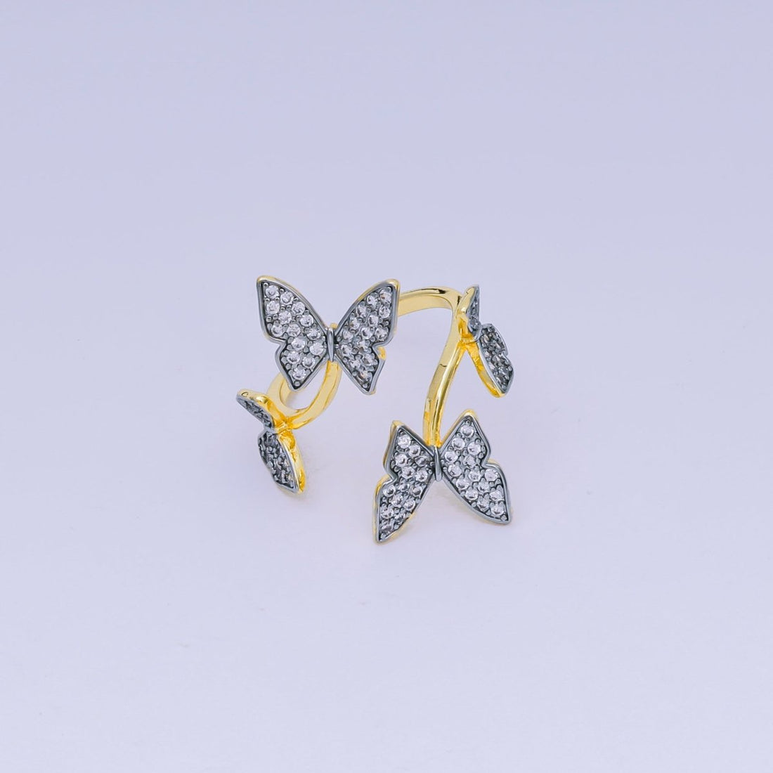 24K Gold Filled Micro Paved CZ Two-Tone Butterfly Garden Adjustable Ring | O-1488