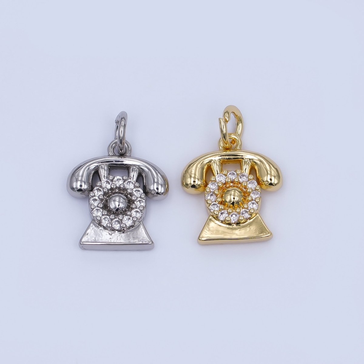 24K Gold Filled 14mm Micro Paved CZ Vintage Rotary Telephone Charm in Gold &amp; Silver | W393 N971
