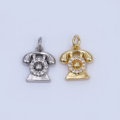 24K Gold Filled 14mm Micro Paved CZ Vintage Rotary Telephone Charm in Gold &amp; Silver | W393 N971