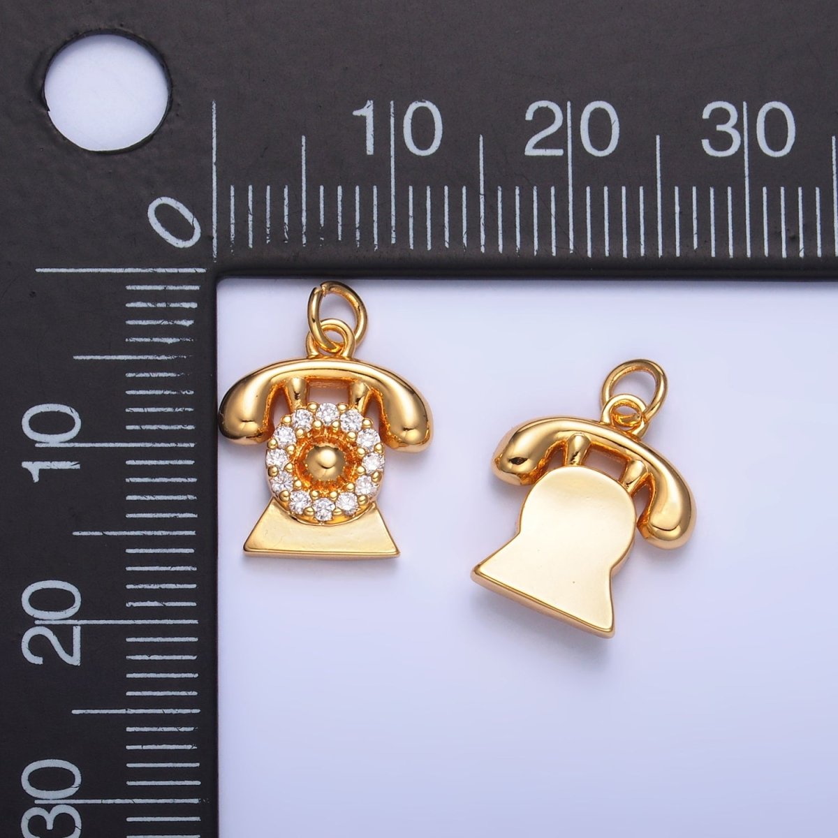 24K Gold Filled 14mm Micro Paved CZ Vintage Rotary Telephone Charm in Gold &amp; Silver | W393 N971