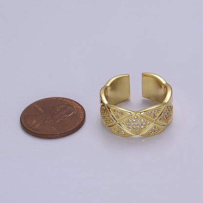 24K Gold Filled Micro Paved CZ X Lined Crossed Wide Band Ring | O2041