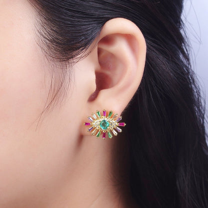 24K Gold Filled Micro Paved Eye of Ra Multicolor Baguette Cubic Zirconia Protection Stud Earrings P-287
