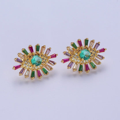 24K Gold Filled Micro Paved Eye of Ra Multicolor Baguette Cubic Zirconia Protection Stud Earrings P-287