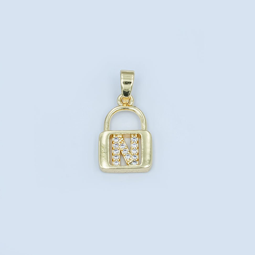 24K Gold Filled Micro Paved Initial Letter Padlock Pendant | A001 - A013