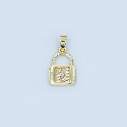24K Gold Filled Micro Paved Initial Letter Padlock Pendant | A001 - A013
