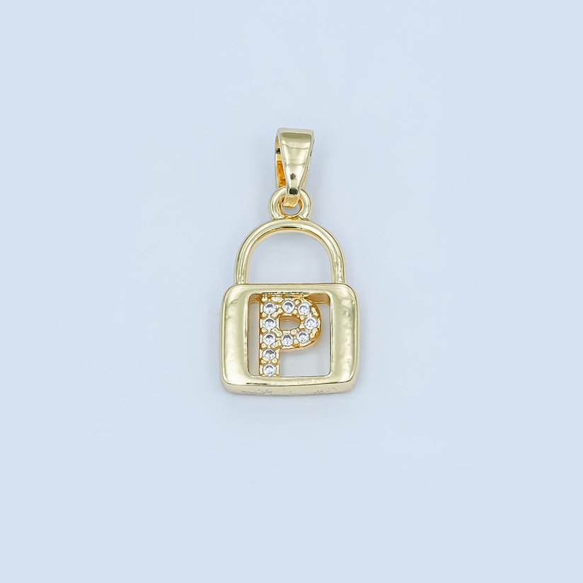 24K Gold Filled Micro Paved Initial Letter Padlock Pendant | A001 - A013