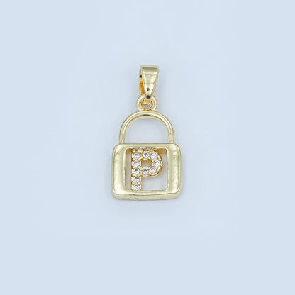24K Gold Filled Micro Paved Initial Letter Padlock Pendant | A001 - A013