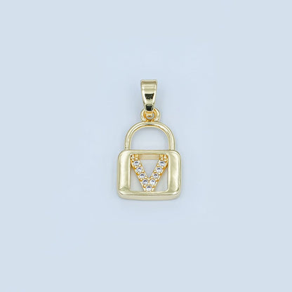 24K Gold Filled Micro Paved Initial Letter Padlock Pendant | A001 - A013