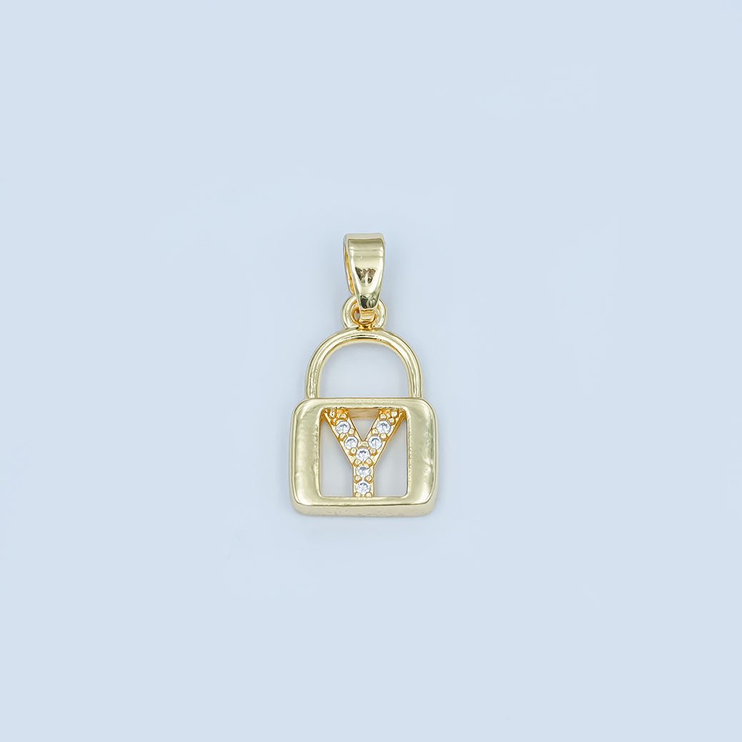 24K Gold Filled Micro Paved Initial Letter Padlock Pendant | A001 - A013