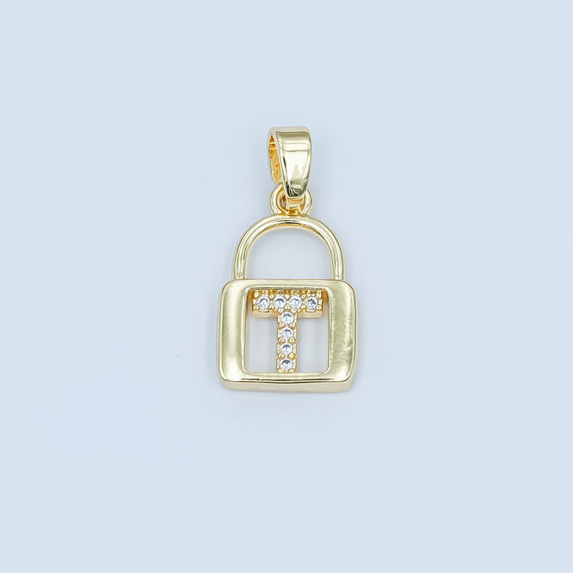 24K Gold Filled Micro Paved Initial Letter Padlock Pendant | A001 - A013