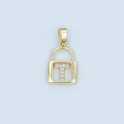 24K Gold Filled Micro Paved Initial Letter Padlock Pendant | A001 - A013