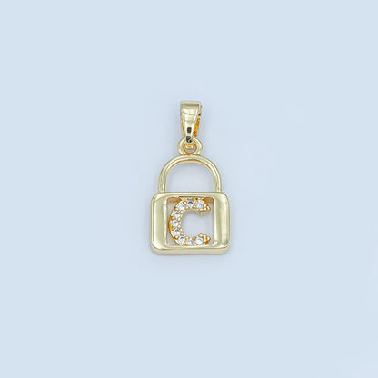 24K Gold Filled Micro Paved Initial Letter Padlock Pendant | A001 - A013