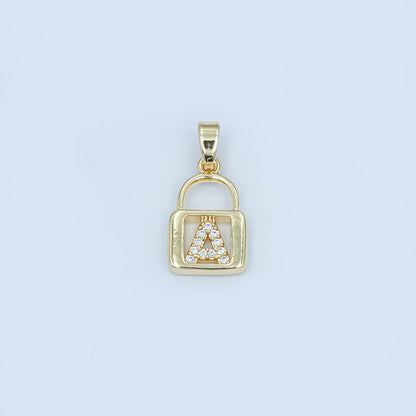24K Gold Filled Micro Paved Initial Letter Padlock Pendant | A001 - A013