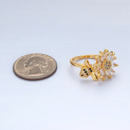 24K Gold Filled Micro Paved Marquise CZ Flower Bumble Bee Ring | U368