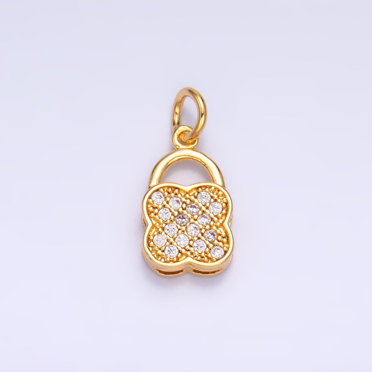 24K Gold Filled 11.5mm Micro Paved CZ Quatrefoil Padlock Charm in Gold &amp; Silver | W870